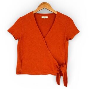 Madewell Faux Wrap‑Tie Top Size XXS Textured 100% Cotton Short Sleeve